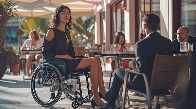 Young woman in a wheelchair with a coworker outdoors