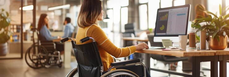 Young woman in a wheelchair working on a computer in a modern office Emphasizing accessibility technology and workplace inclusion