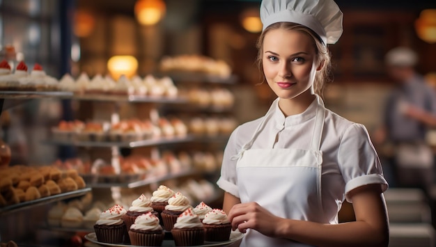 A young woman in a white chef's hat and apron smiling standing in front of a bakery display in a patisserie