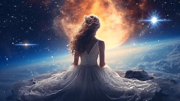 Photo young woman in white dress on earth a watching the surface of the moonplanet nebula