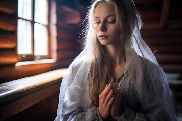 白いドレスを着た若い女性が祈っている