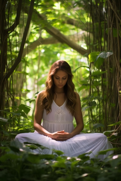 Young woman in white dress practicing yoga in the middle of a lush green forest