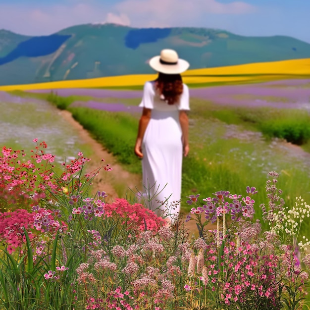 白いドレスを着た若い女性太陽フレア夏の野原の草と色とりどりの花の地平線