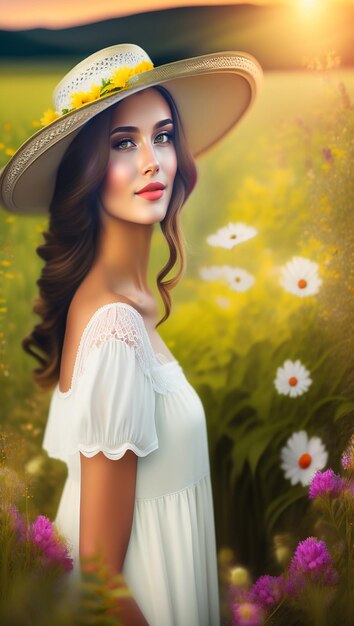 Young woman in a white dress and vintage hat in a meadow with beautiful wild flowers