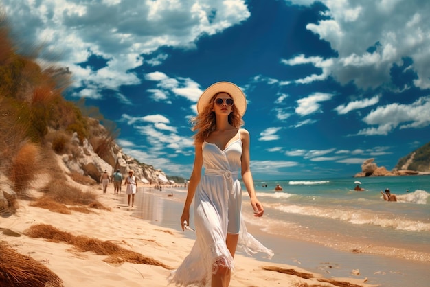 Young woman in a white dress walks along the beach at the seaside