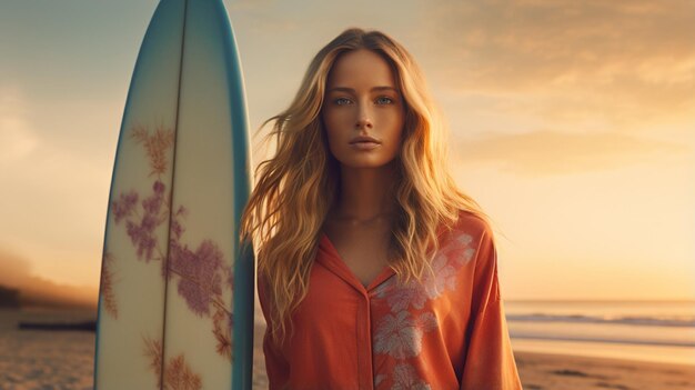 Foto una giovane donna in abito bianco con una tavola da surf sulla spiaggia