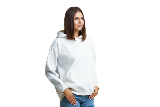 Young woman in white hoodie isolated. High quality photo