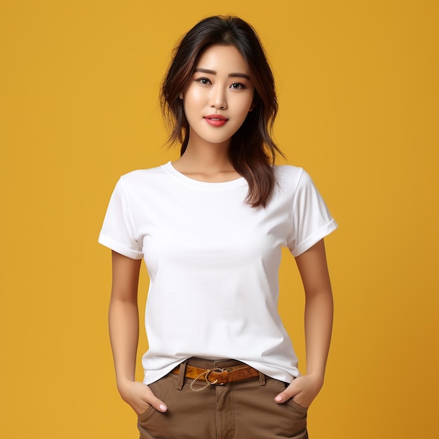 클리핑 패스를 사용하여 흰색 배경에 고립된 흰색 특대 티셔츠 모형을 입은 젊은 여성