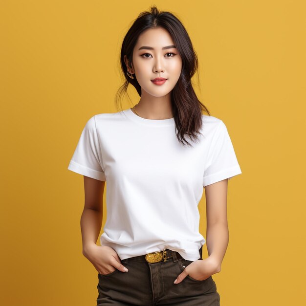 Young woman in white oversize T shirt mockup isolated on white background with clipping path