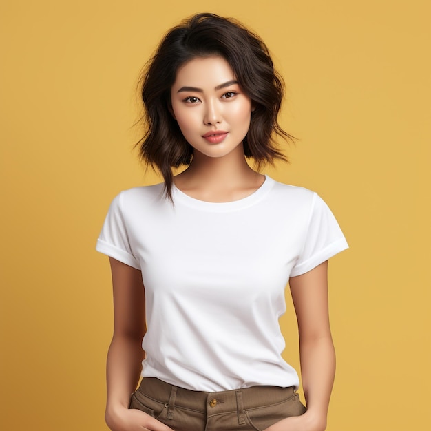 Молодая женщина в макете белой футболки большого размера изолирована на белом фоне с вырезкой контура