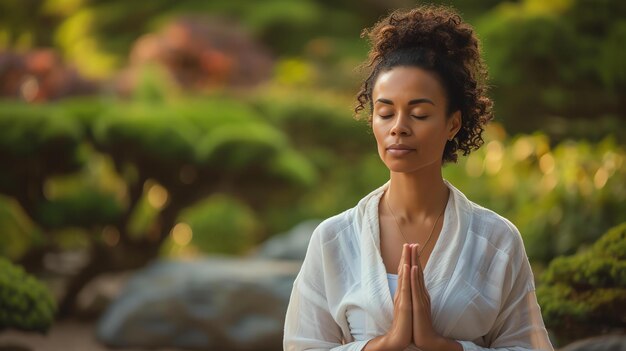 A young woman in a white robe is sitting in a meditative pose in a beautiful garden