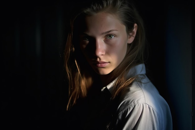 A young woman in a white shirt is looking at the camera