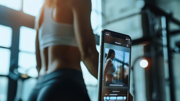 Photo a young woman in a white sports bra and black leggings is working out in a gym she is looking at her reflection in the mirror and taking a selfie