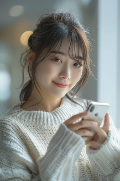 A young woman in a white sweater is smiling while looking at her phone