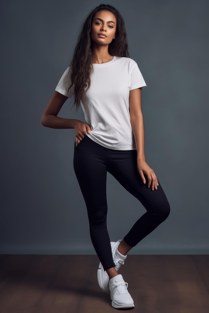 Premium Photo  A young woman in a white t - shirt and black leggings  stands in front of a dark background