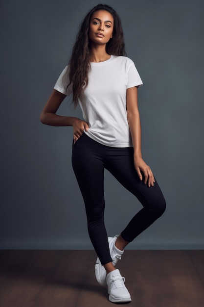 A young woman in a white t - shirt and black leggings stands in front of a dark background