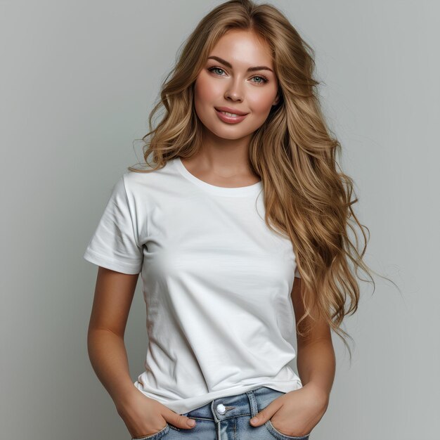 Young woman in white t shirt posing for photo in jeans