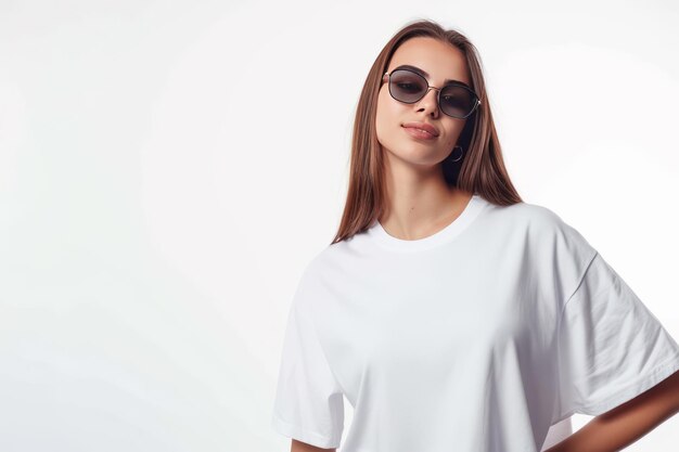 A young woman in a white t shirt on a white background