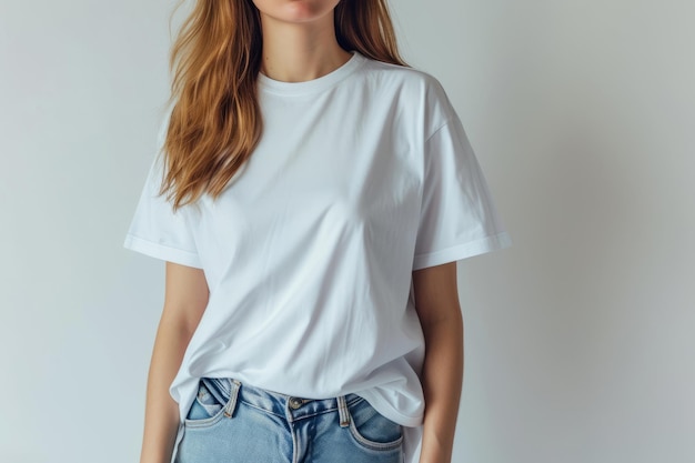 A young woman in a white t shirt on a white background