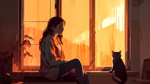 A young woman at the window with a cat generative ai