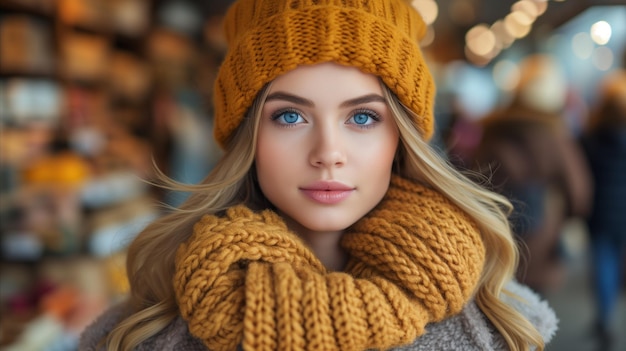 Young woman in winter attire poses indoors with a cozy warm look