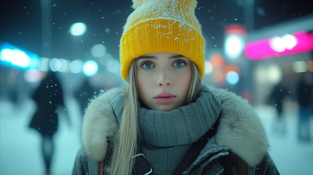 Young woman in winter clothes with a snowy city background at night