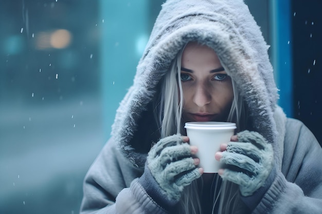 A young woman in a winter coat and gloves with a cup of hot drink outside