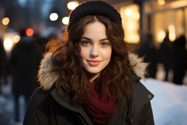 a young woman in a winter coat standing in the snow