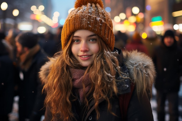 a young woman in a winter hat on a city street