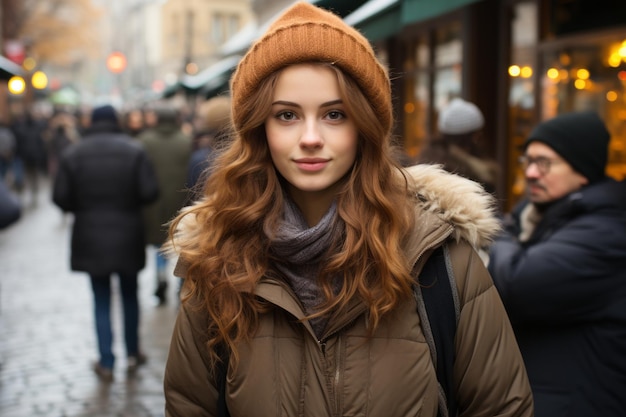 街の通りで冬の帽子とコートを着た若い女性