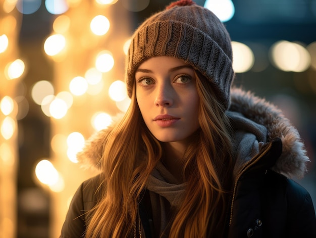 a young woman in a winter hat and coat standing in front of christmas lights