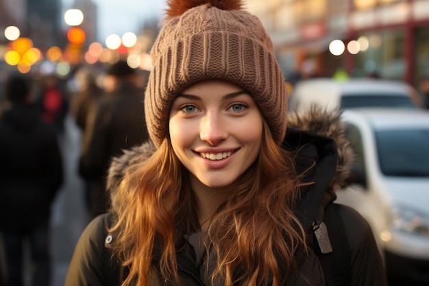молодая женщина в зимней шапке улыбается в камеру