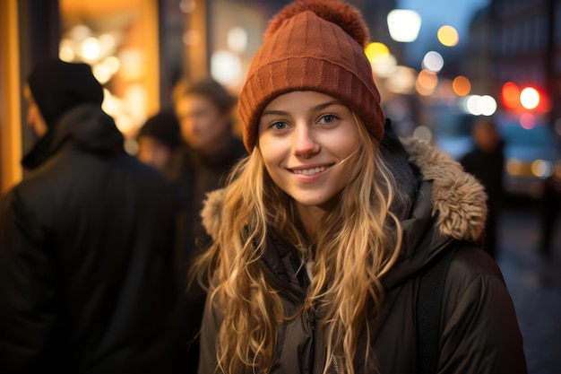 a young woman in a winter hat standing in front of a store