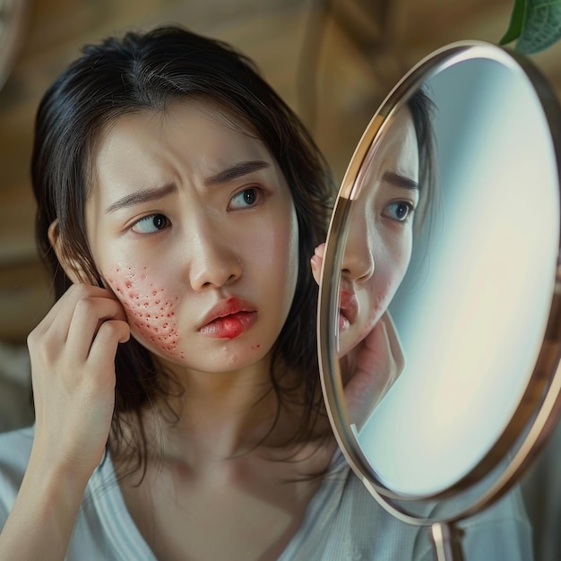 A young woman with acne looking in the mirror