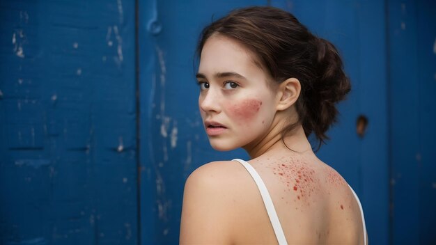 Young woman with acne with red spots on the back