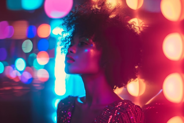 Young woman with afro enjoying nightlife colorful bokeh lights