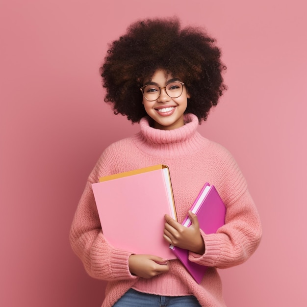 young woman with afro haircut wearing pink sweater and holding textbooks