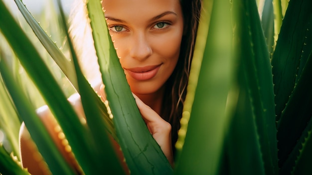 Foto giovane donna con foglie di aloe vera in zone tropicali