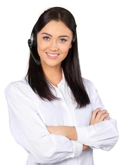 Young Woman with Arms Folded Talking on Headset - Isolated