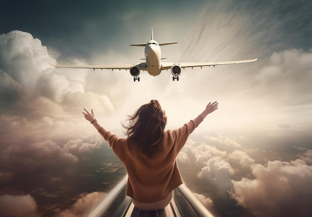 Молодая женщина с вытянутыми руками смотрит на самолет, летящий над облаками