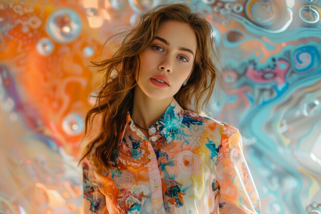 다채로운 회전 패턴을 배경으로 꽃 블라우스를 입은 예술적인 메이크업을 한 젊은 여성