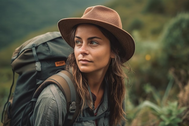 Young woman with a backpack enjoying the solo travel Generative AI