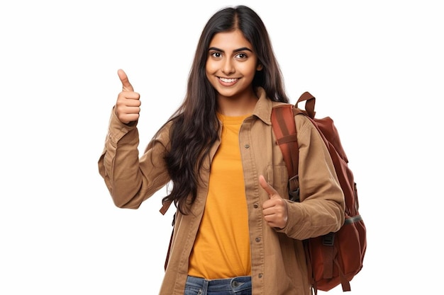 a young woman with a backpack giving a thumbs up.