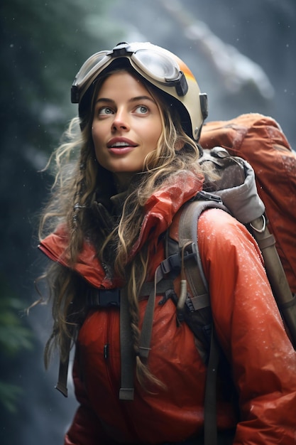 Молодая женщина с рюкзаком и шлемом смотрит на камеру, стоя в дожде
