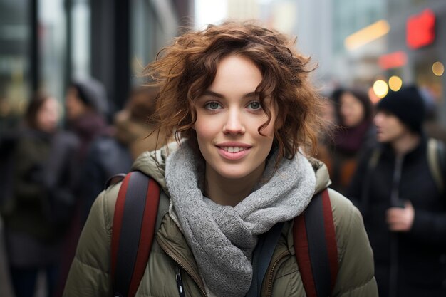 a young woman with a backpack and scarf standing in the street