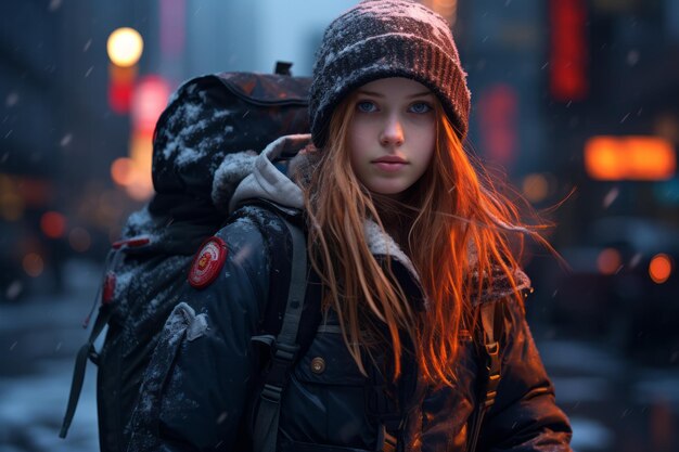 a young woman with a backpack in the snow