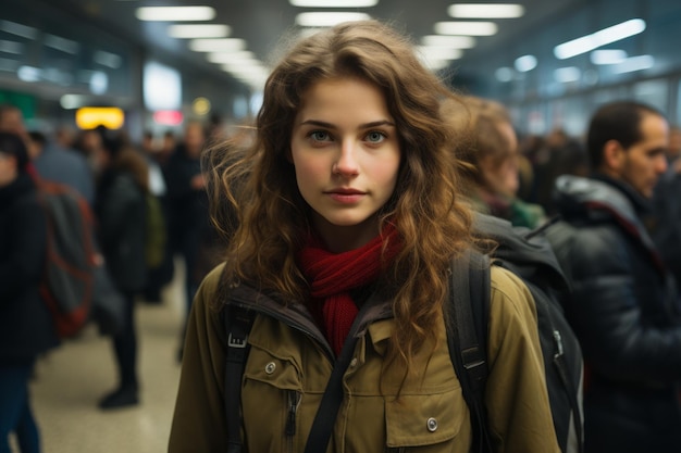 a young woman with a backpack standing in an airport