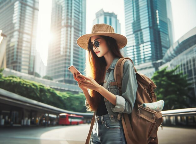 young woman with backpack and sunglasses using phone holding smartphone navigating street tourist