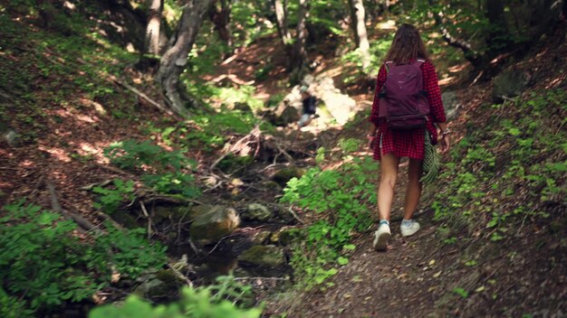 Photo a young woman with a backpack walks along a mountain summer forest trail enjoying nature and exploring the vast wilderness