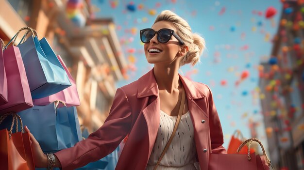 Foto giovane donna con le borse dopo un po'di shopping colorato ai generativo